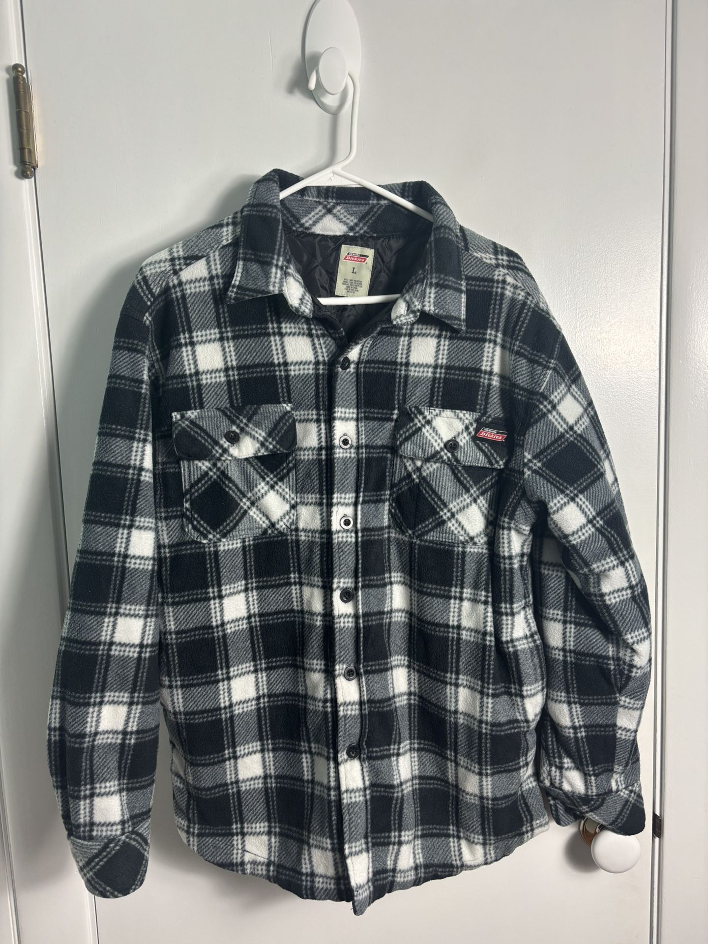 Dickies Shacket Men L Black Plaid Jacket Fleece Quilt Blanket Lined Button Up