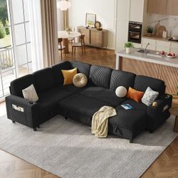 Black Corduroy Sectional Sofa with Storage