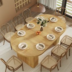 70.9 Inch Oval Wood Strip Base Dining Table for 6-8 People,Modern Farmhouse Table for Kitchen & Dinner & Reception Room