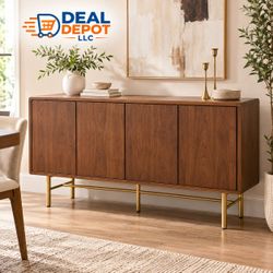 Sideboard Buffet Cabinet – 4-Door Walnut Storage Credenza – Gold Legs – New