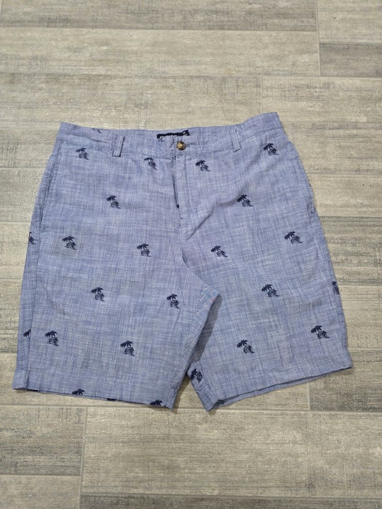 Men's Chaps Blue Flat Front Chino Shorts With House And Palm Tree Print Size 38