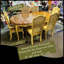 Bassett French Provincial Dining Set, priced at $499.94, features a set of six chairs, a table with leaf, and dimensions of 80 inches by 42 inches. Th