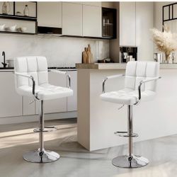 Bar Stools Set of 2, Swivel with Backs, Adjustable Height, White