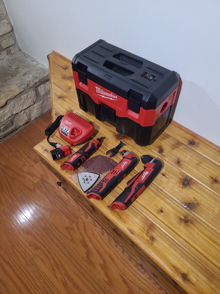 Milwaukee M12 Right Angle Drill, Multi-tool, Rotary Tool, Battery, Charger, M18 Wet/Dry Vac
