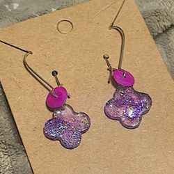 Pink And Purple Sparkly Clover Dangle Earrings