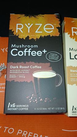 RYZE Mushroom Coffee Dark Roast 6-Pack and 6 pack vanilla latte bundle with book and wooden stir spoon