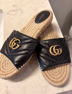 🖤 GUCCI Black Nappa Matelasse Gold GG Marmont Espadrille Slide Sandals 10 US