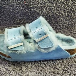 Birkenstock Arizona Shearling Sandals 37 Women's 6 Men 4  Light Blue  New 
