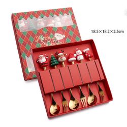 6PCs Stainless Steel Christmas Spoon and Fork Set Golden Christmas Cutlery Flatware Sets