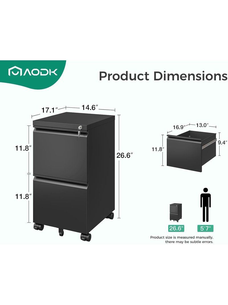 AODK File Cabinet for Home Office, Fully Assembled Filing Cabinet 2 Drawer Rolling File Cabinets with Lock, Small Mobile File Storage Cabinets for A4/