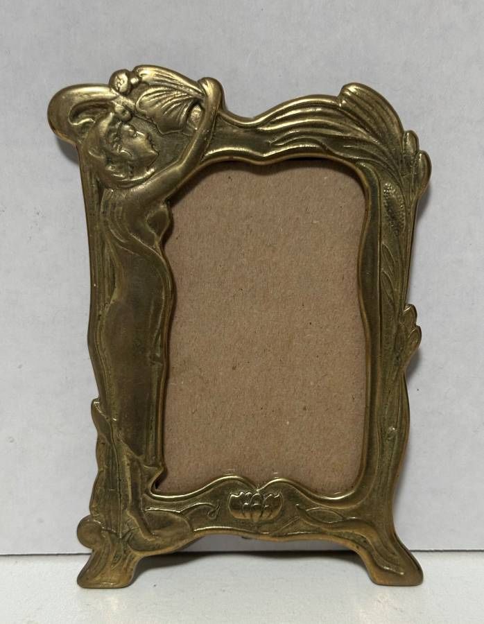 Vintage Solid Brass Art Nouveau Photo Frame Mucha Esque Woman And Floral Embellishments Accent Decor