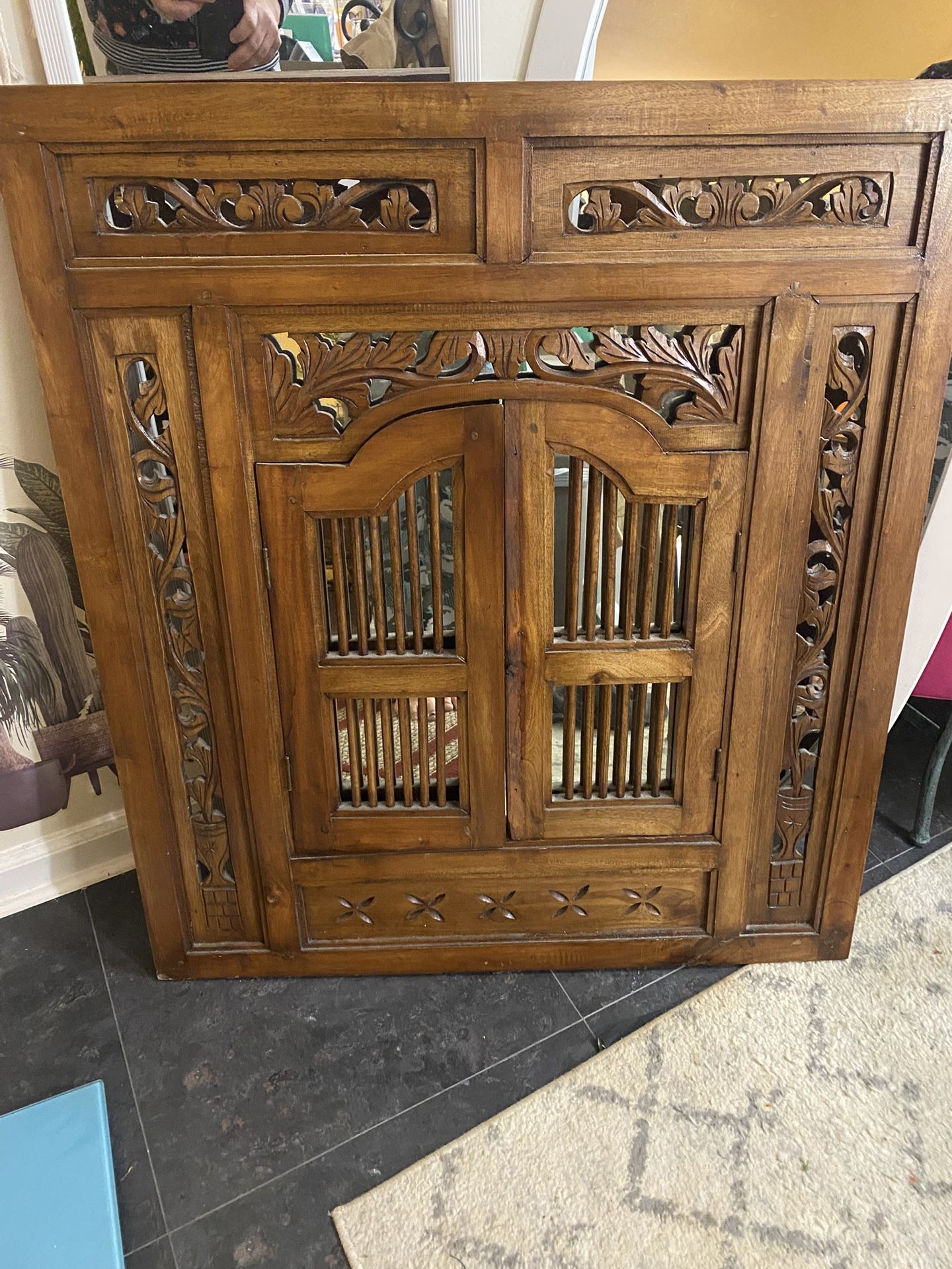 Vintage Asian Hand Carved Wood Window, Wall Mirror