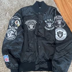 Vintage Oakland Raiders Jacket Large Holloway Satin Bomber Patchwork NFL World Champions Rare