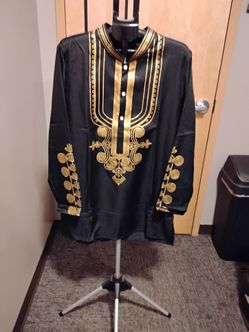 Black Gold Embroidered Dashiki Style Shirt Pants Outfit Size XL
