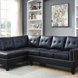 MODERN BLACK BONDED LEATHER SECTIONAL SOFA NAILHEAD ACCENTS - SILLON SECCIONAL