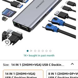 USB C Docking Station Dual Monitor for Dell/HP/Lenovo/Surface Laptop, 14 in 1 Triple Display Hub Multiple Adapter, Dongle with 2 HDMI 4K+VGA+5 Port+10