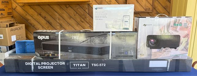 Rhayon RX10 Projector, Titan TSC-572 Screen, Opus 2M2 Sound Bar w/ Motorola 2Pak