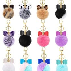 Ramdom Color fluffy  Pompom Keychain Charm With Rhinestone Bow