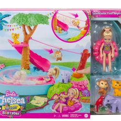 Barbie and Chelsea The Lost Birthday Splashtastic Pool Surprise Playset with Chelsea Doll (6-in), 3 Baby Animals, Slide, Zipline & Accessories, Gift f