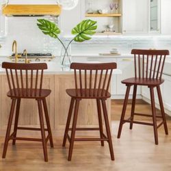 Set Of 3 24 in. Brown Wood Counter Stools Bar Stools with Slat Back 