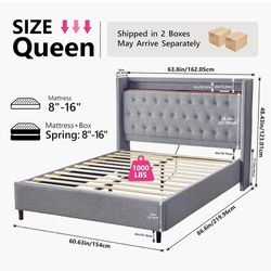 Queen Size Platform Bed Tufted Upholstered Bed Frame with Tall Headboard, Remote Control, LED Lights, Charging Station, Wooden Slats, No Box Spring Ne