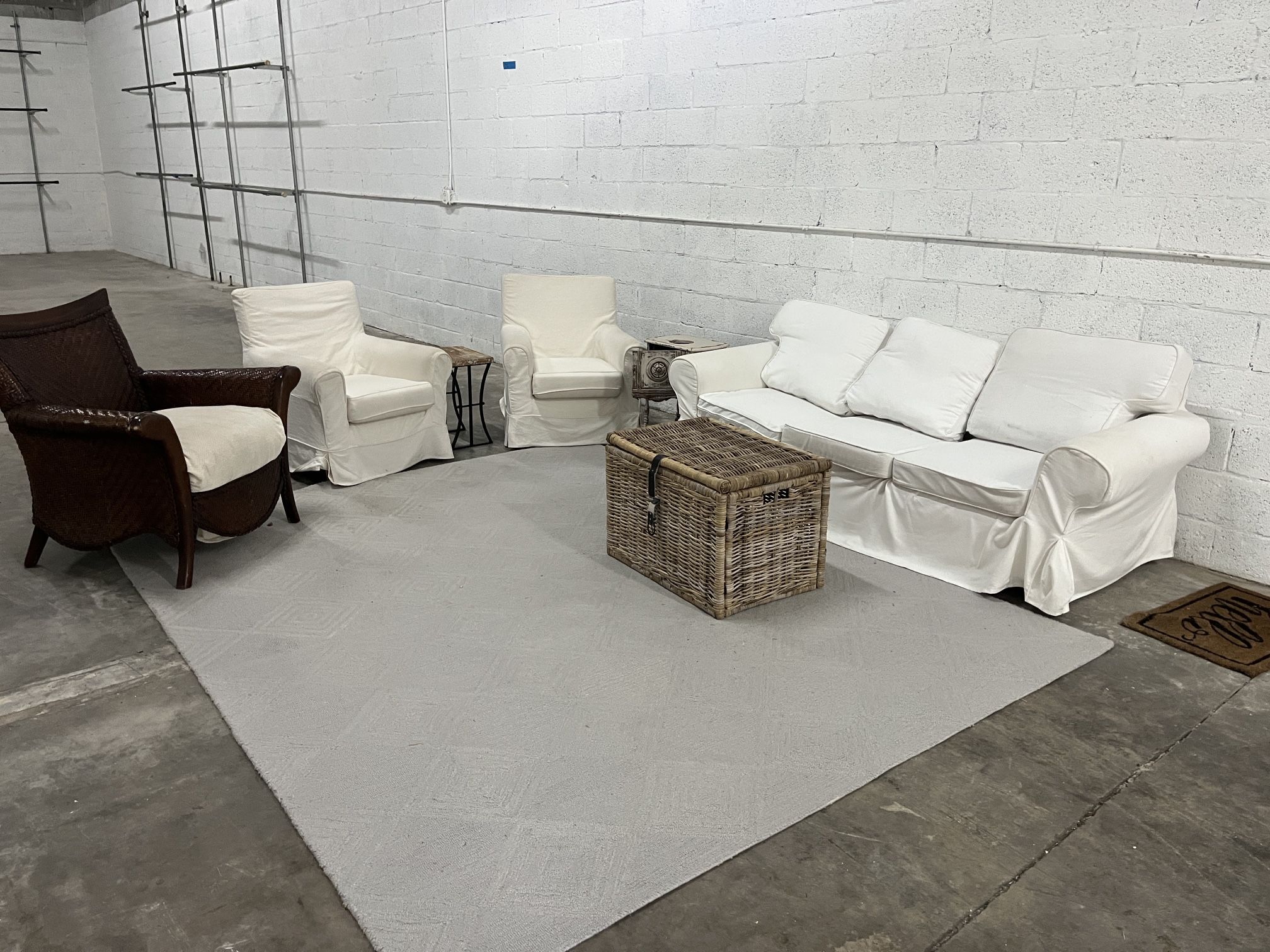 Complete Living Room Set – Couch, 2 Chairs, Rug & Wicker Chair