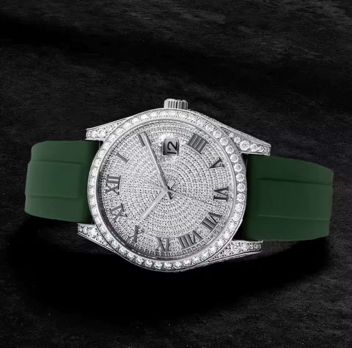 Luxury Moissanite Watch with Green Rubber Strap
