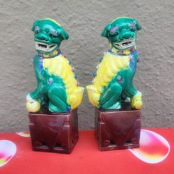 Antique 19th C Foo Dog Statue Porcelain Chinese Fu Lion Guardian 8.5” Set Of 2