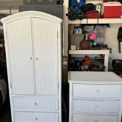 White Wicker Armoire and Chest 
