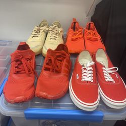 4 used pairs of shoes size 9 and 9.5 adidas triple solar red, Nike city brownstone, red vans 9.5, and adidas red.