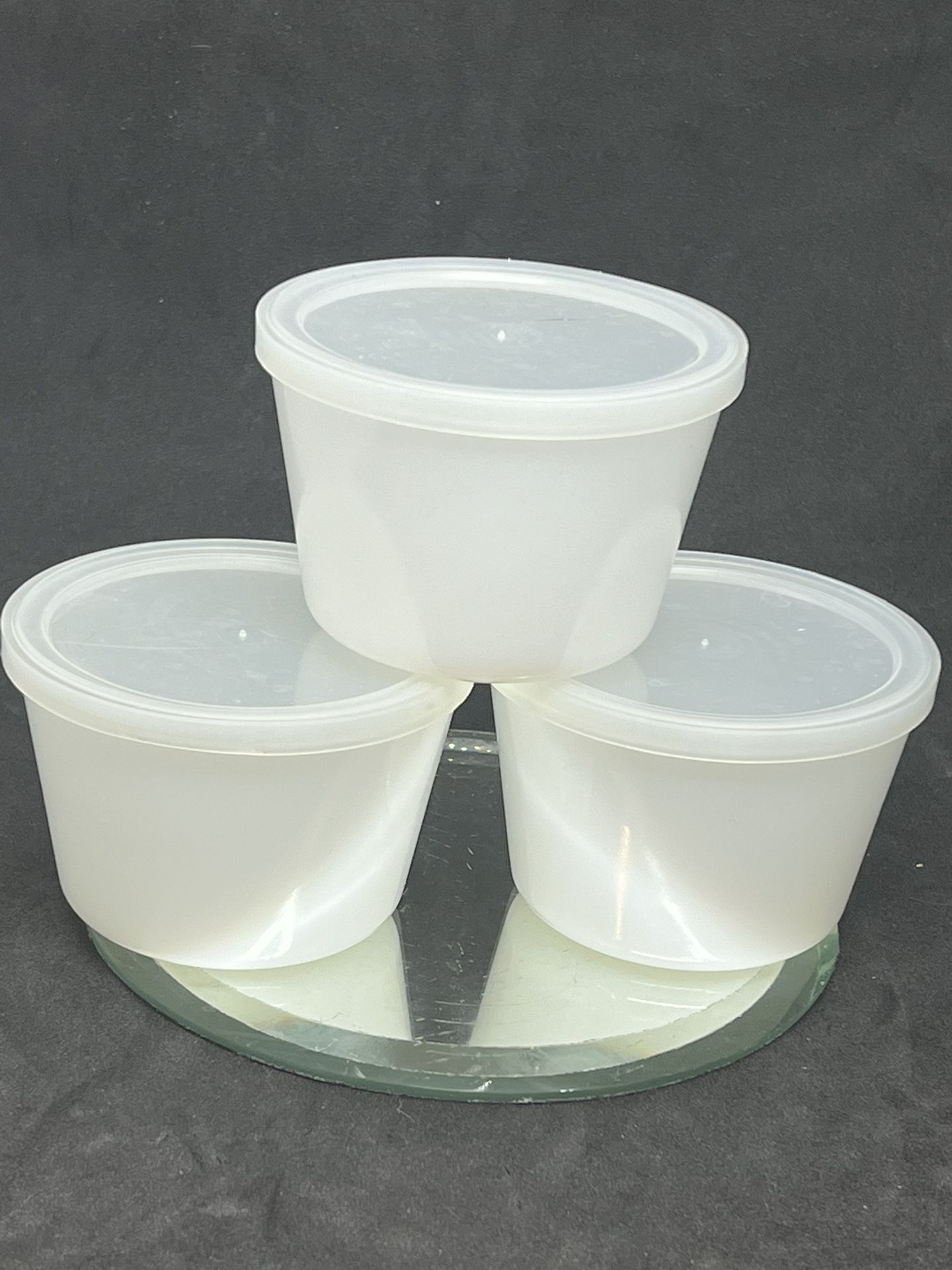 VTG MCM Glasbake  Milk Glass M Ramekin Custard Cups With Lids Set Of 3, 4 Oz 