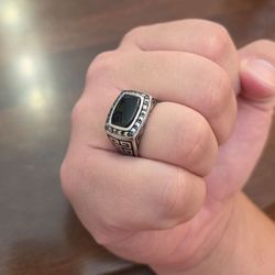 Sterling Silver Men's Black Onyx Ring 925 – Greek Key Design