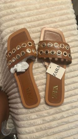 Zara Tan Leather Grommet Slide Sandals