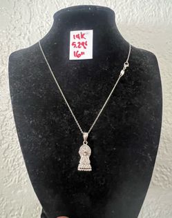 14K Solid White Gold Chain and Pendant CUBIC ZIRCONIUM STONES For Wedding 5.2Gr 16 Inches Long