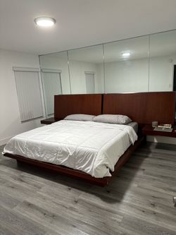 King Platform Bed Frame w/ Attached Nightstands + Mattress