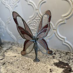 Quoizel Lead Stained Glass Butterfly Fairy Figurine Pink Variation Wings Pewter Body 1 tiny crack SEE ALL PHOTOS  8” Tall to top of wing 6 1/2” wide w