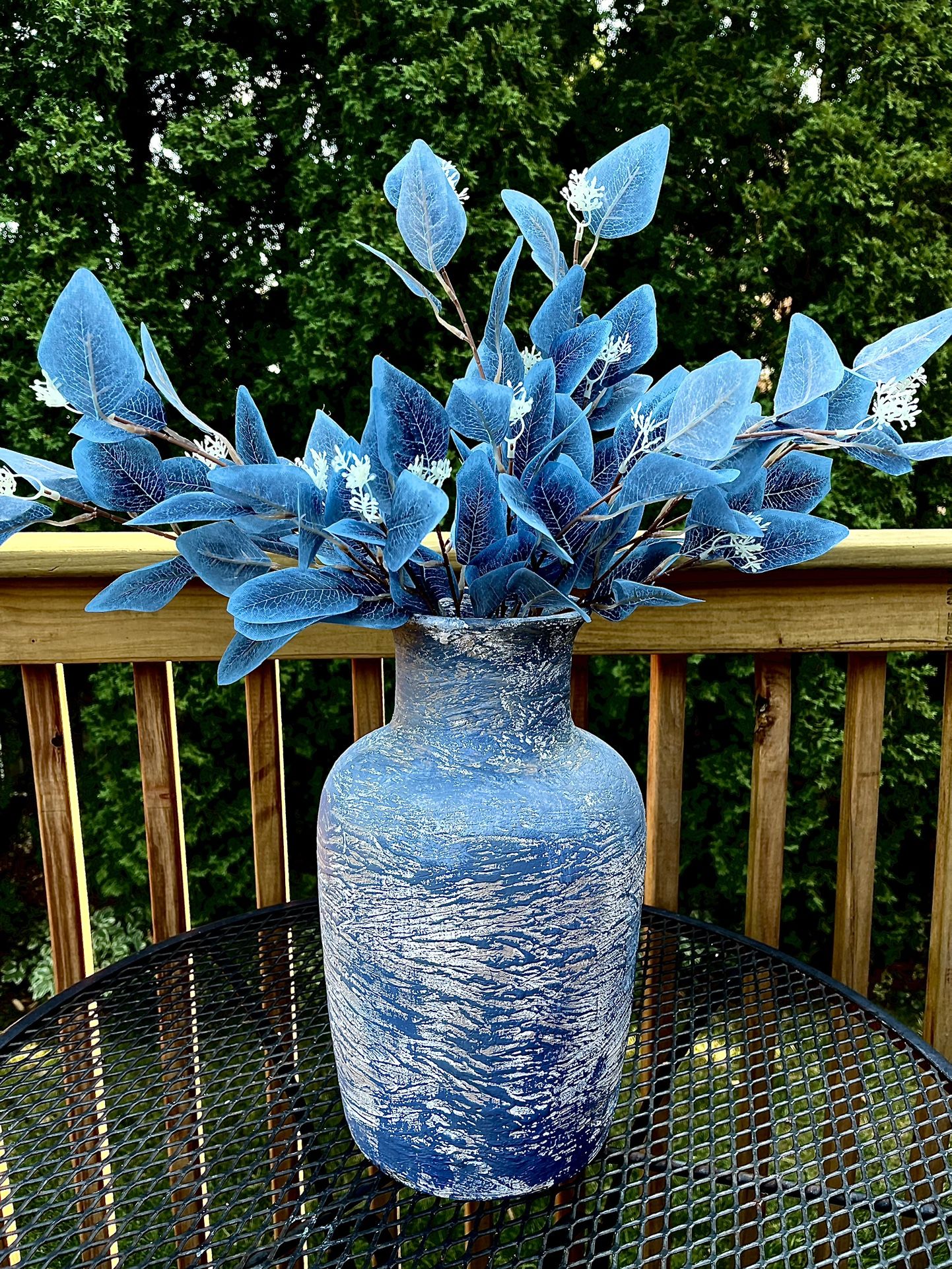 Large Texture Blue Vase With Flowers 15” Tall Handmade