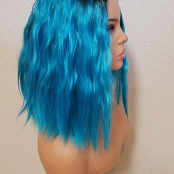 Short Blue Wavy Wig