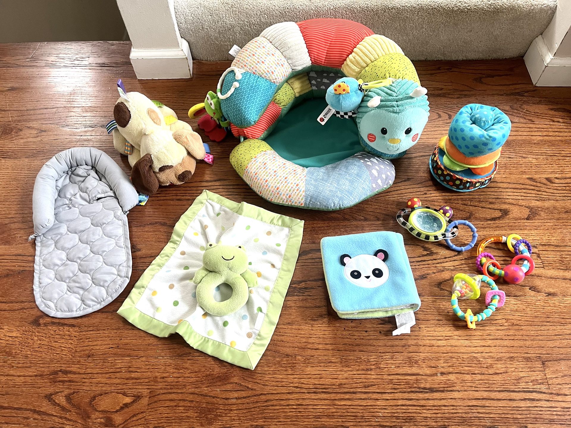 Infantino 2-in-1 Tummy Time & Seat Support Chair, Head Support, Soft book, Puppy taggie & Frog Lovie & More! ($35 For All)