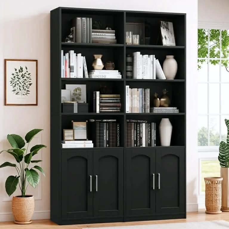 73″ Tall Bookcases with Doors, 8 Cubes 6-Tier Double Row Bookshelf, Black Bookcase for Office.