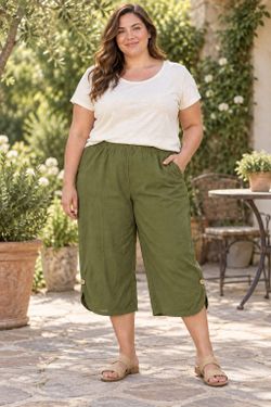Women’s 2XL Olive Green Cropped Capri Pants Elastic Waist Button Hem