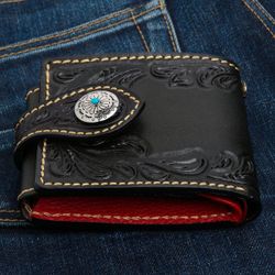 Genuine Cowhide Leather Turquoise Indian Snap Concho Biker Wallet Western Cowboy