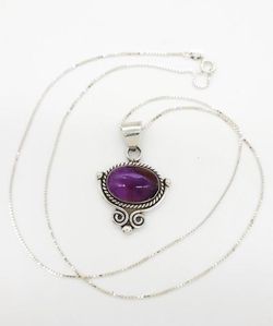Mexico PM 925 Sterling & Amethyst Cabochon Pendant Necklace 24” Sterling Chain
