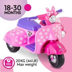 6V Disney Minnie Mouse Happy Helpers Scooter with Sidecar Ride-On Toy by Kid Trax, 1 mph