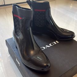 Coach Rivington Women's Pull-On Rubber Rain Boots Black Red Knit Logo Trim Sz 10