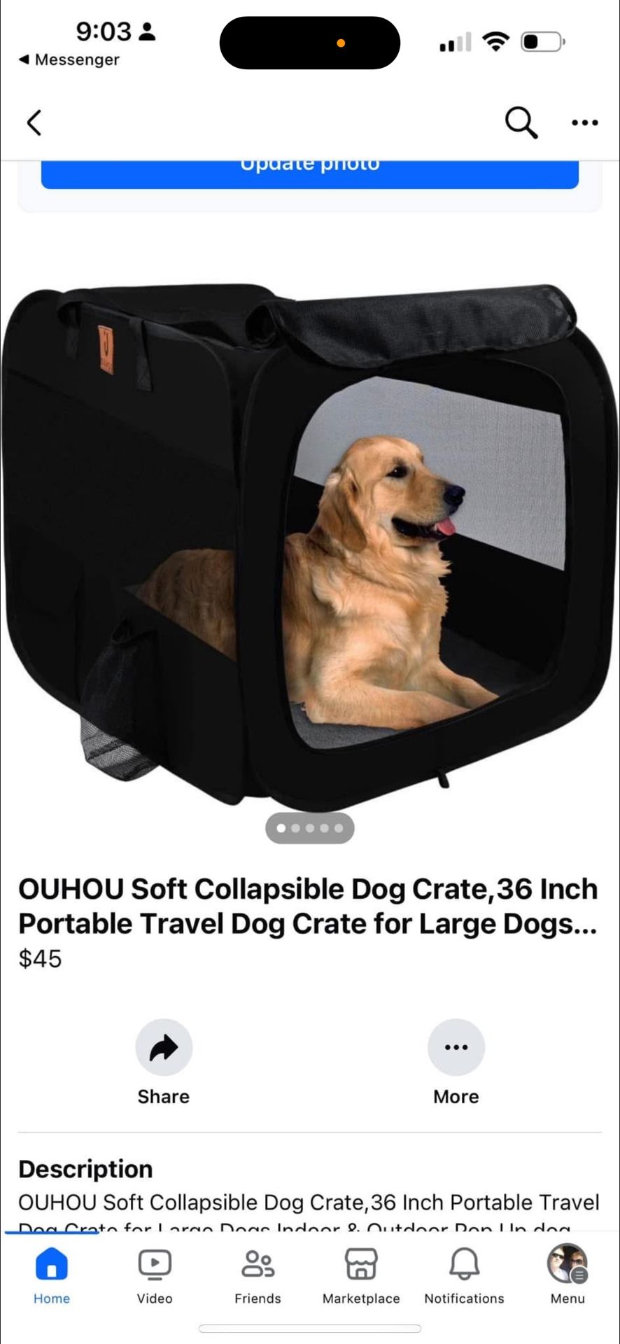 OUHOU Soft Collapsible Dog Crate,36 Inch Portable Travel Dog Crate for Large Dogs...