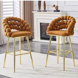 Two velvet bar stools with golden metal legs, modern bar stools with bubble back and footrest for kitchen island, cafeteria, pub (Camel Bubble