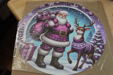 8" Round Purple Santa w/ Reindeer Aluminum Sign