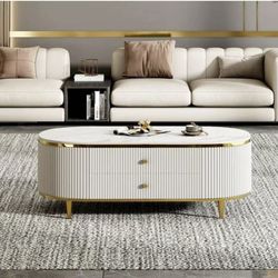 White and Gold, Oval Large Coffee Table, Slide-Out Side Shelves