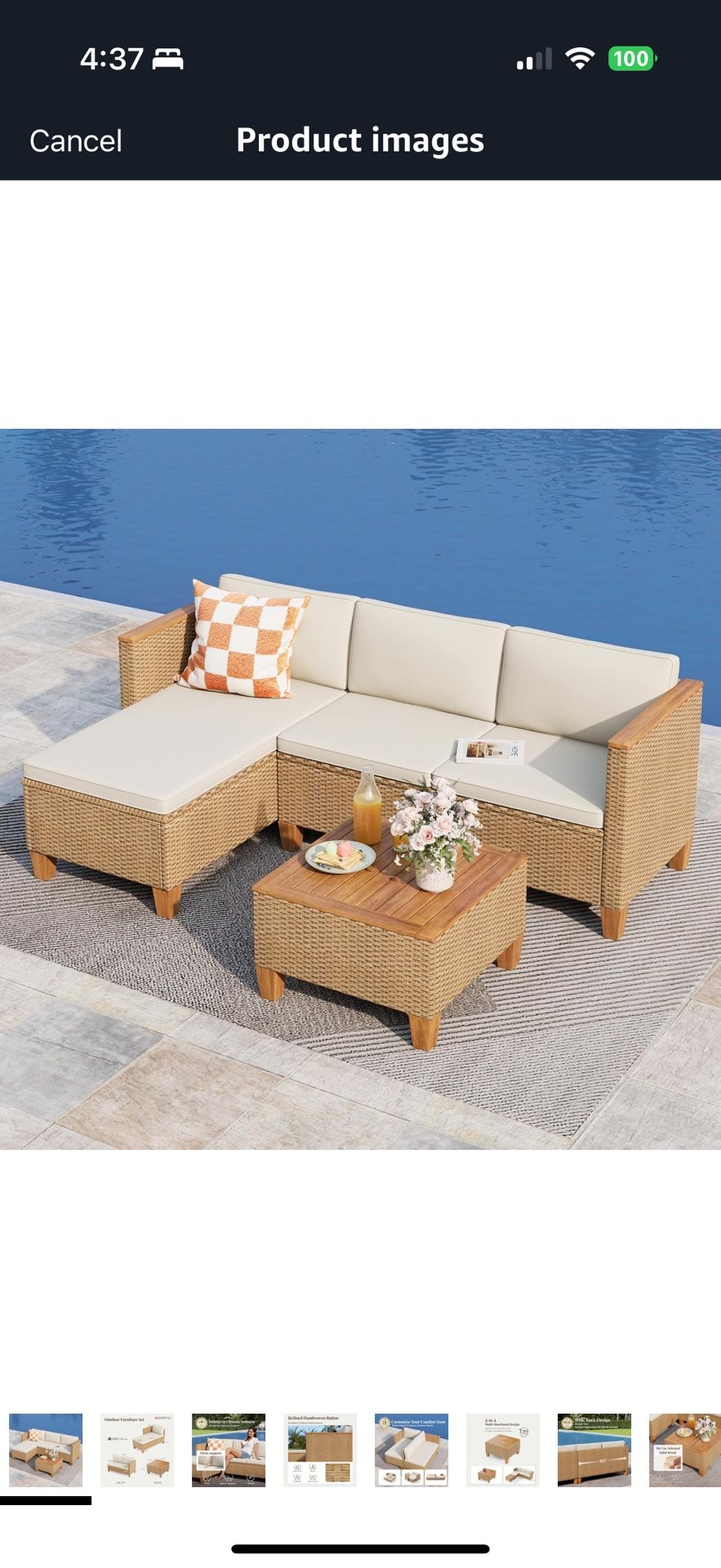 Wicker Outdoor Patio Furniture Set 3 Pieces Patio Chaise Longue Conversation Set, Rattan L-Shaped Sofa Couch with Acacia Wood Coffee Table for Deck Po
